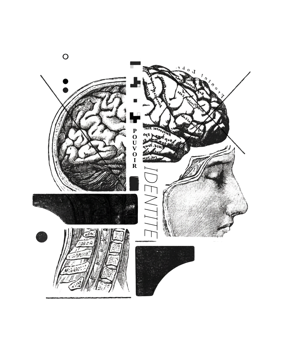 Collage anatomique en noir et blanc : cerveau et profil humain gravés.